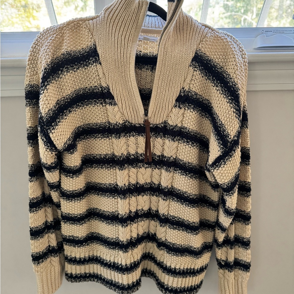 L.L. Bean Signature Beige and Navy 1/4 Zip Knit Pullover